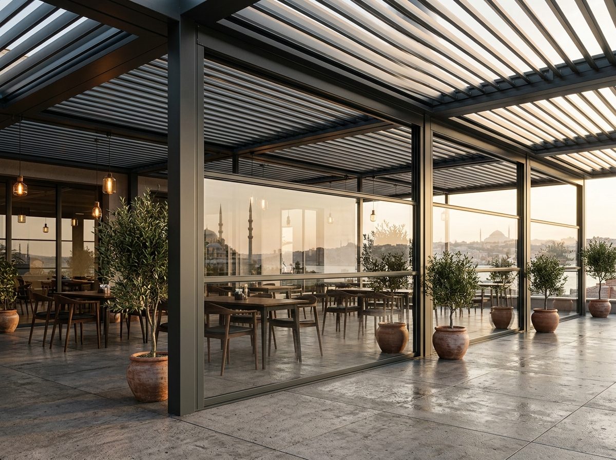 PERBİOLA giyotin cam sistemiyle kapatılmış kafe terası